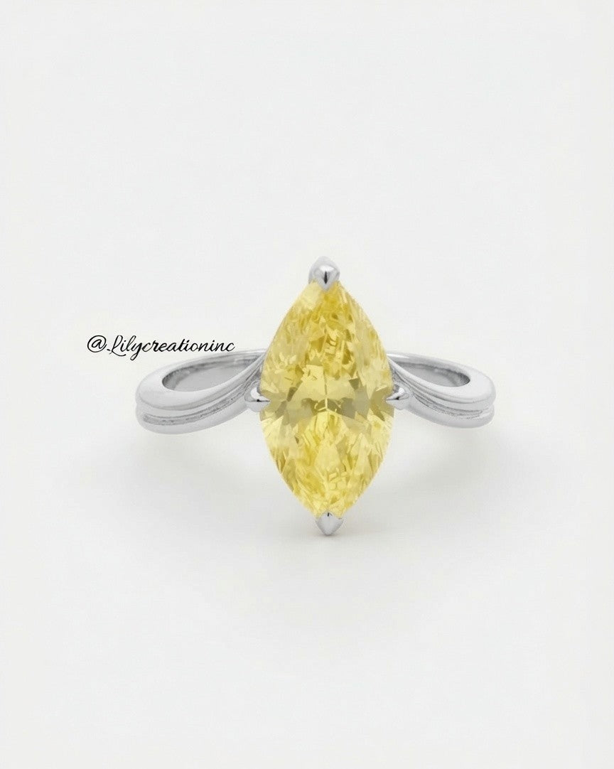 Yellow Marquee V Shape Band Solitaire Diamond Engagement Ring