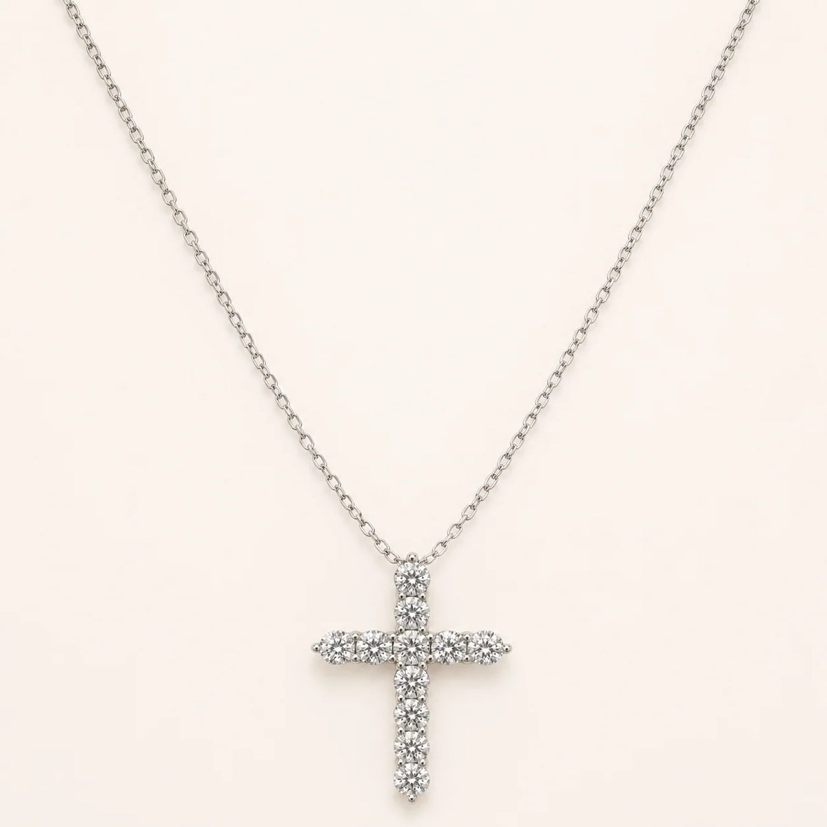 Round 11 Stones Lab Grown Diamond Cross Pendant Necklace 14K Gold