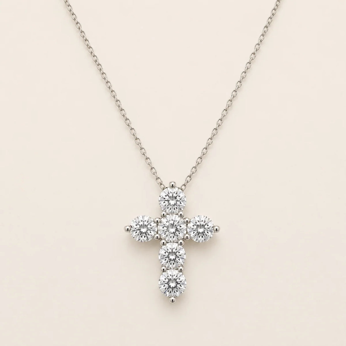 Round 6 Stones Lab Grown Diamond Cross Pendant Necklace 14K Gold