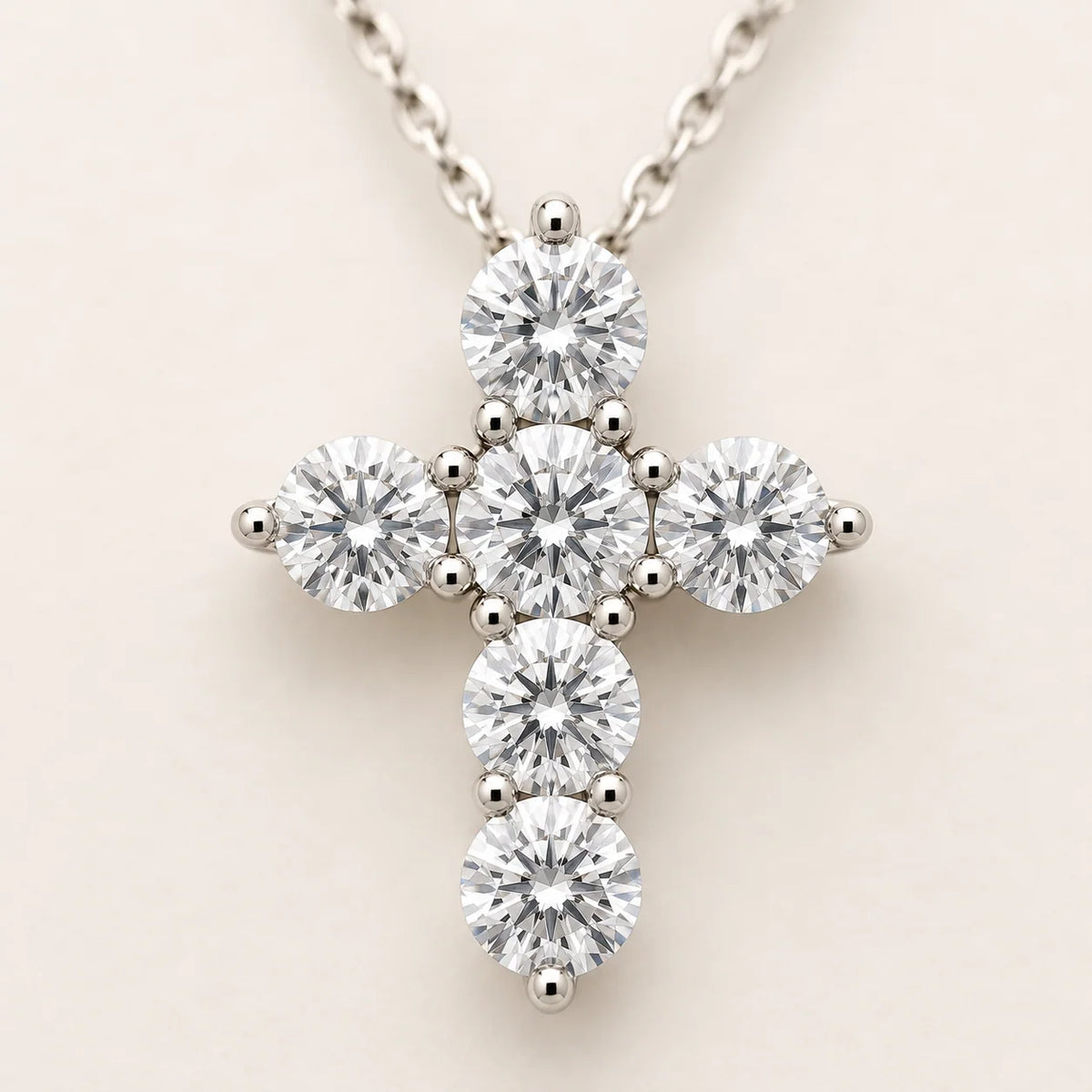 Round 6 Stones Lab Grown Diamond Cross Pendant Necklace 14K Gold