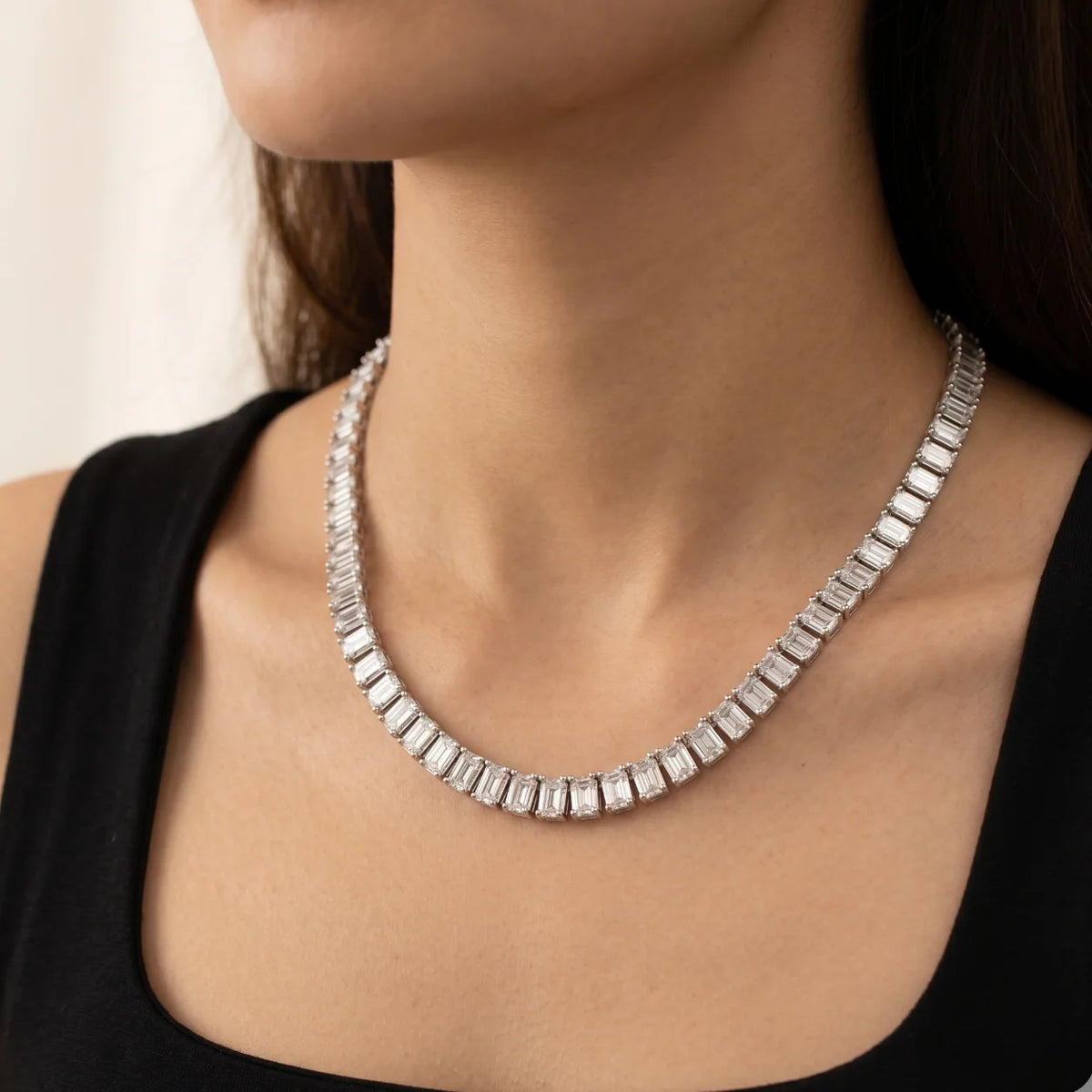 40.50 CTW Emerald-Cut Lab Grown Diamond Tennis Necklace 14K Gold