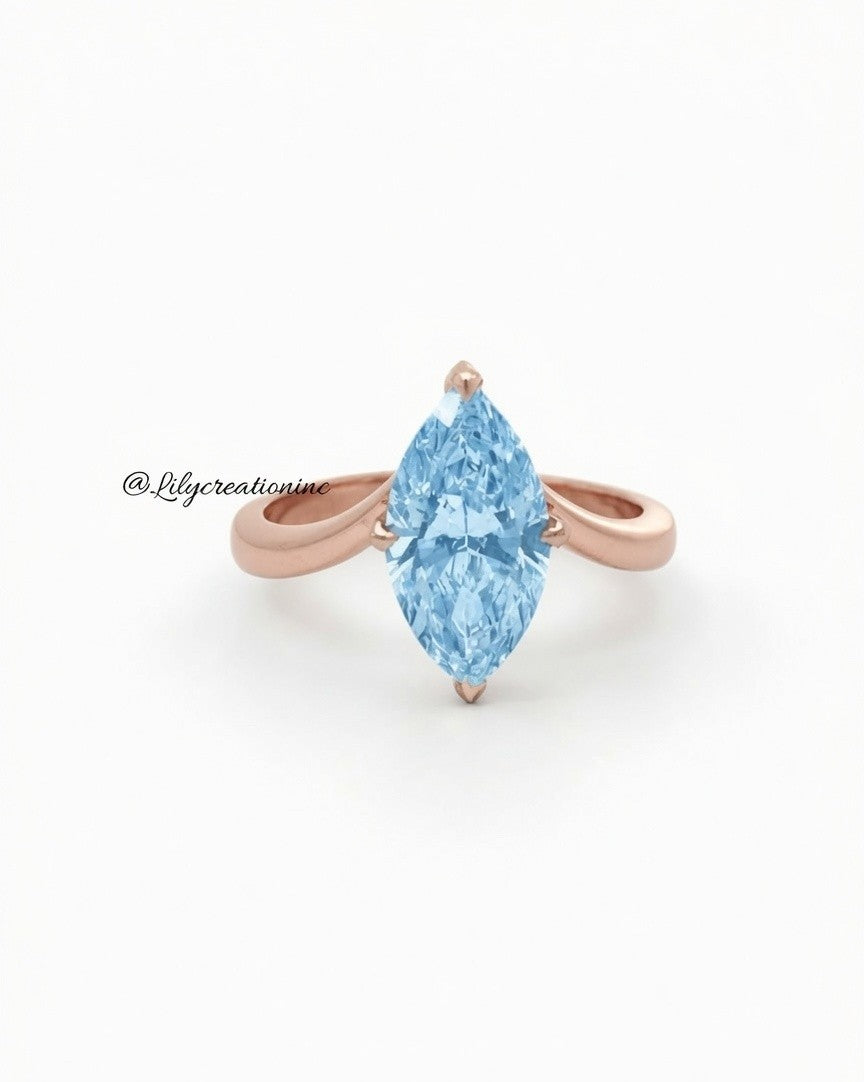 Blue Marquee V Shape Band Solitaire Diamond Engagement Ring