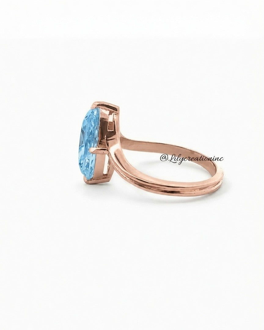 Blue Marquee V Shape Band Solitaire Diamond Engagement Ring