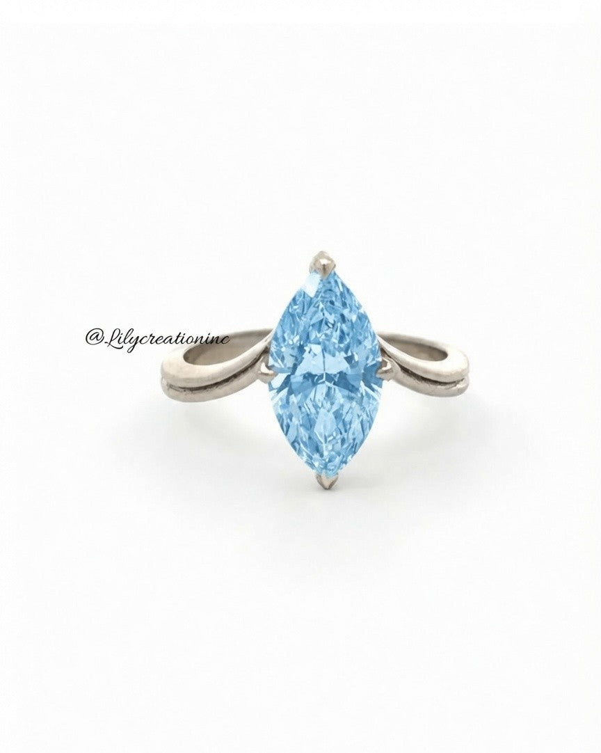 Blue Marquee V Shape Band Solitaire Diamond Engagement Ring