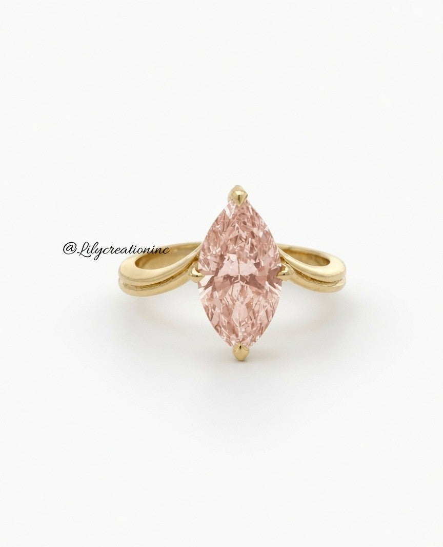 Pink Marquee V Shape Band Solitaire Diamond Engagement Ring