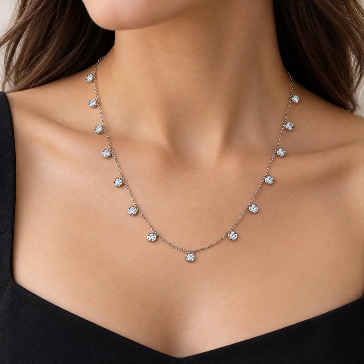 1.03 CTW Round Lab Grown Diamond Bezel Set Station Drop Necklace 14K Gold