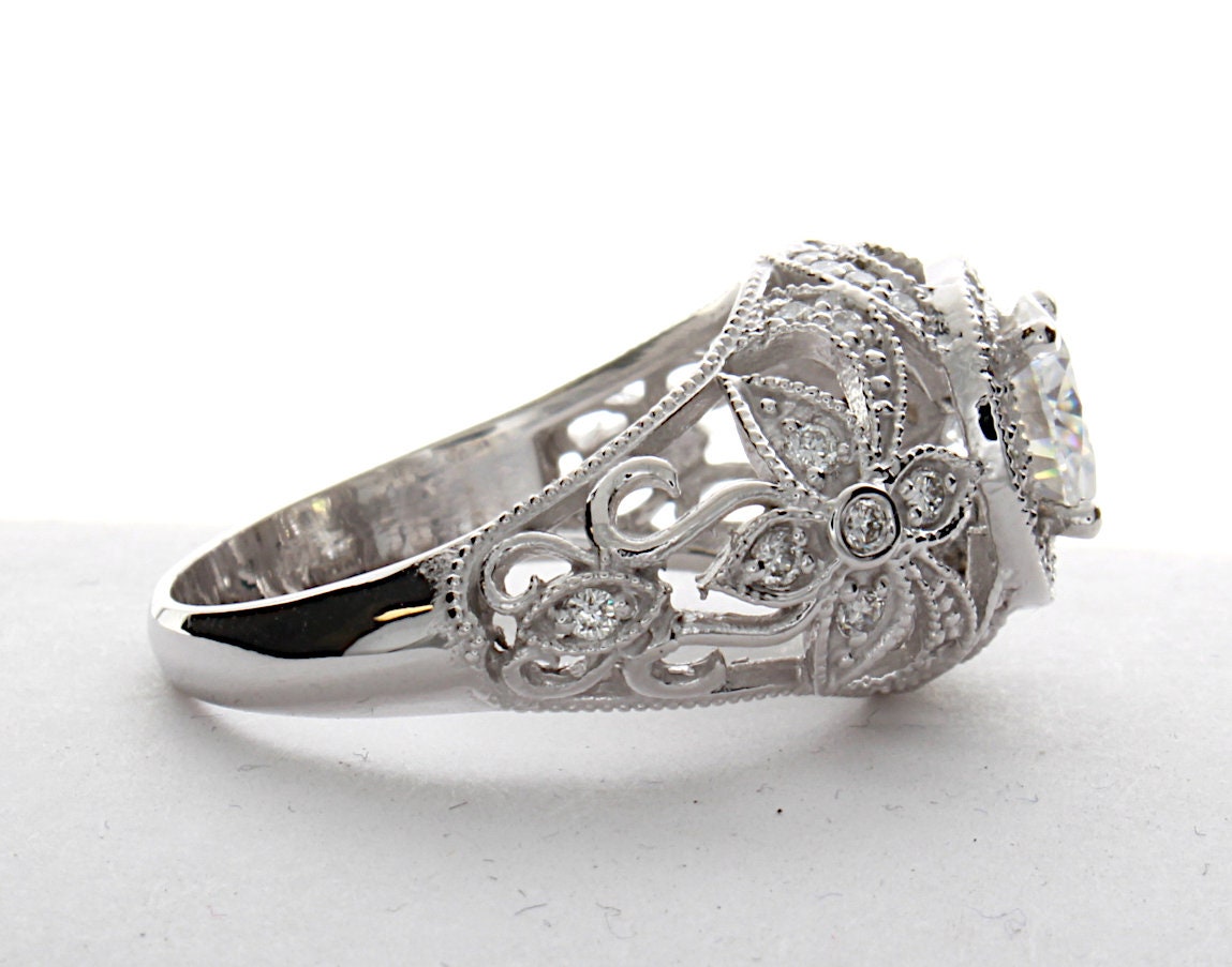 Art Deco Diamond Engagement Ring, Vintage Diamond Engagement Ring, Womens Vintage Engagement Ring. 14K White Gold Engagement Ring.