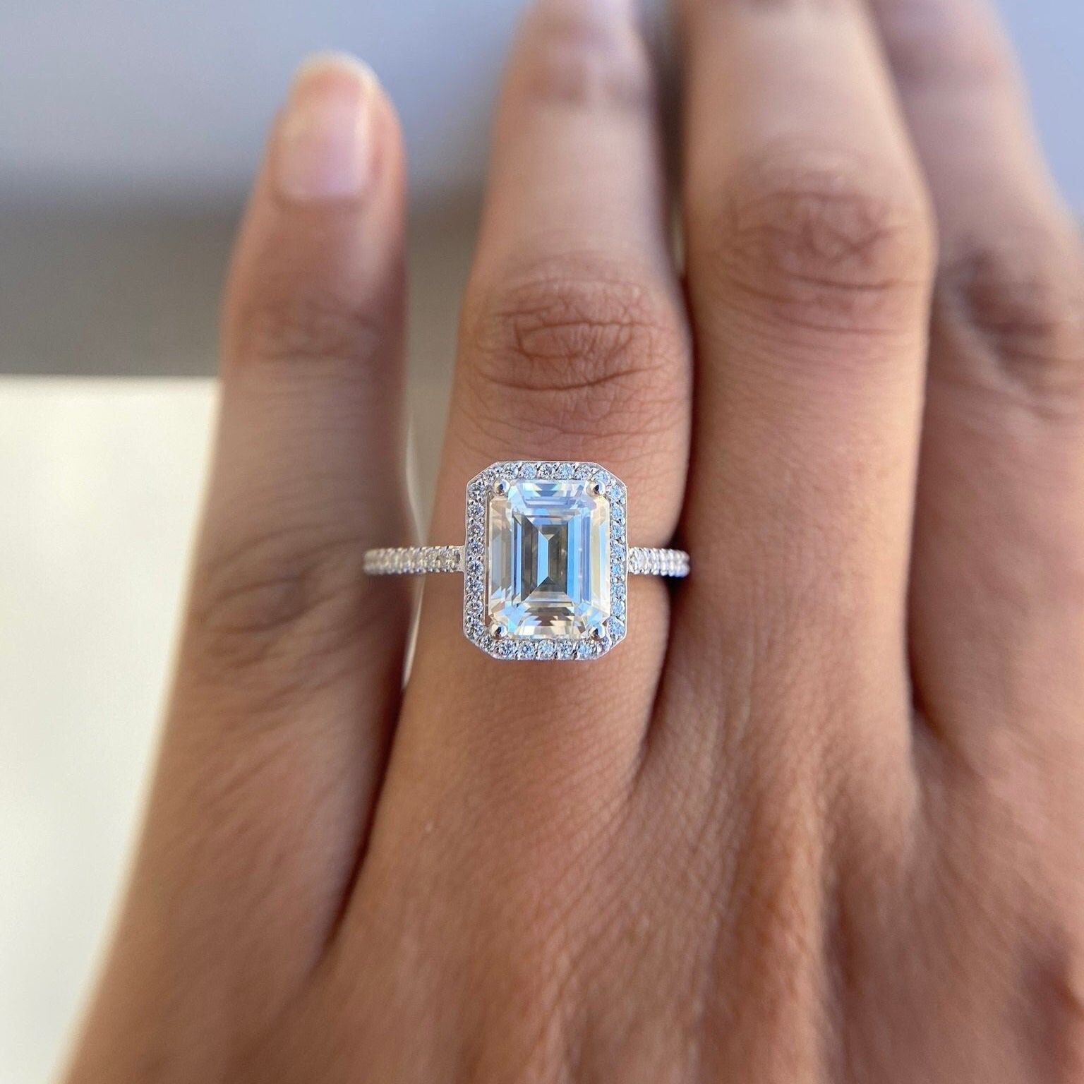Emerald Cut Halo Diamond Engagement Ring