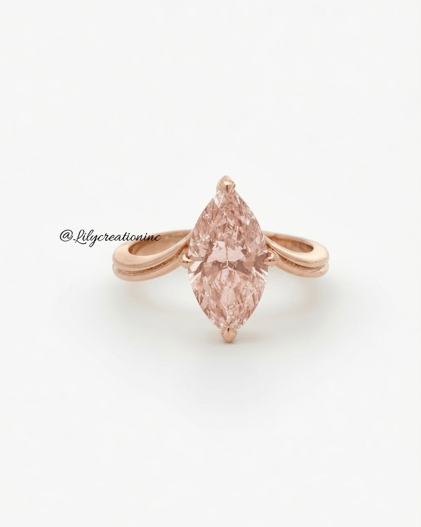 Pink Marquee V Shape Band Solitaire Diamond Engagement Ring