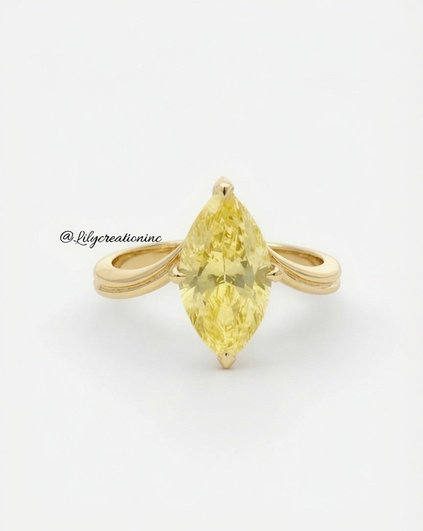 Yellow Marquee V Shape Band Solitaire Diamond Engagement Ring