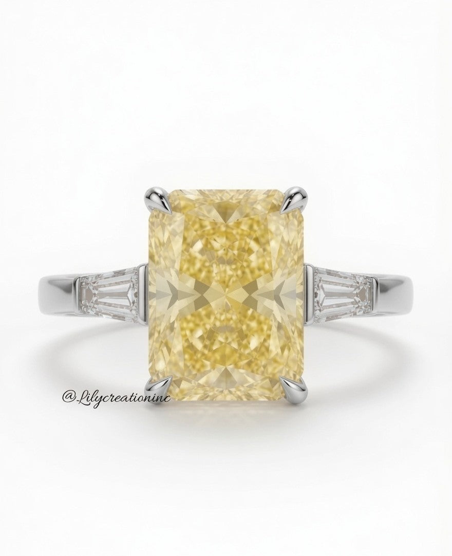 Yellow Radiant Cut Diamond Engagement Ring with Trapezoid Side Stones
