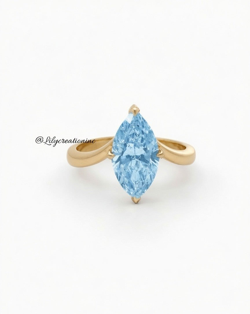 Blue Marquee V Shape Band Solitaire Diamond Engagement Ring